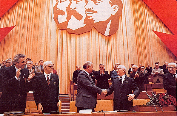Gorbachev, Honecker and Egon Krenz at the 11th Party Conference 1986, Berlin